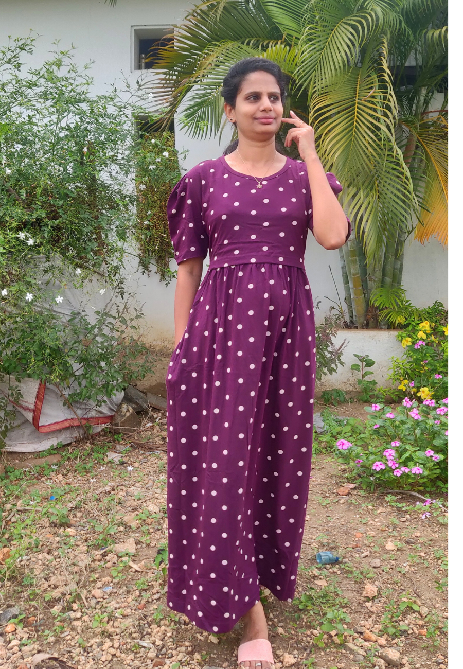 Dark Purple Polka Soft Cotton Zipless Maternity & Feeding Dress | Puff Sleeve
