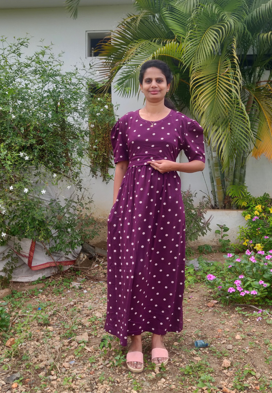 Dark Purple Polka Soft Cotton Zipless Maternity & Feeding Dress | Puff Sleeve