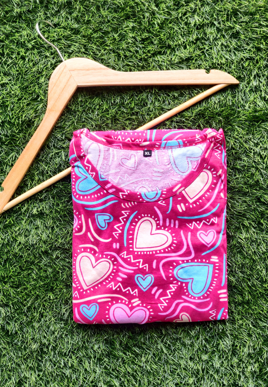 Vibrant Pink Heart Soft Cotton Zipless Maternity & Feeding Dress | Puff Sleeve