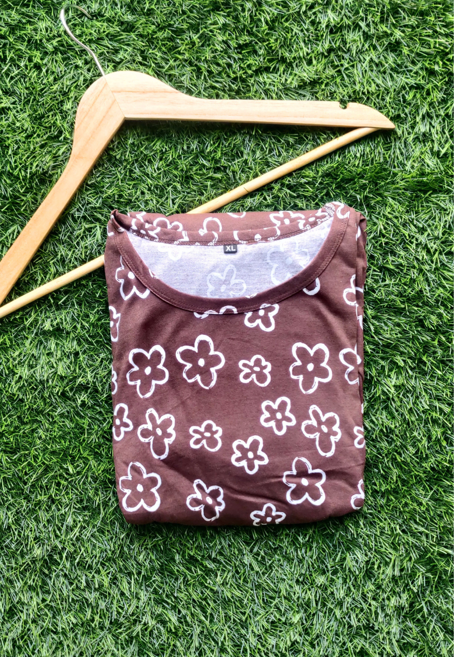 Coffee Floral Soft Cotton Zipless Maternity & Feeding Dress | Puff Sleeve