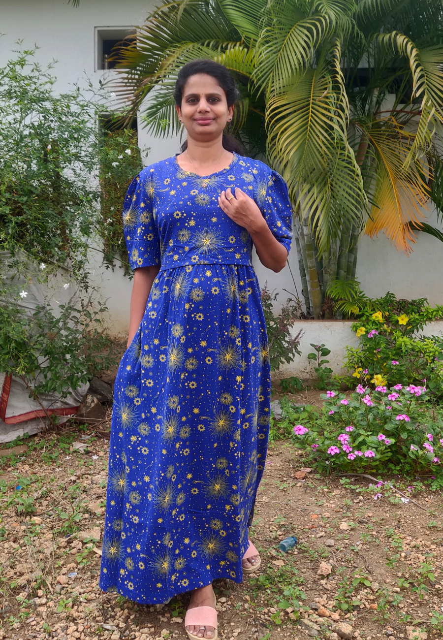 Blue Sun Soft Cotton Zipless Maternity & Feeding Dress | Puff Sleeve