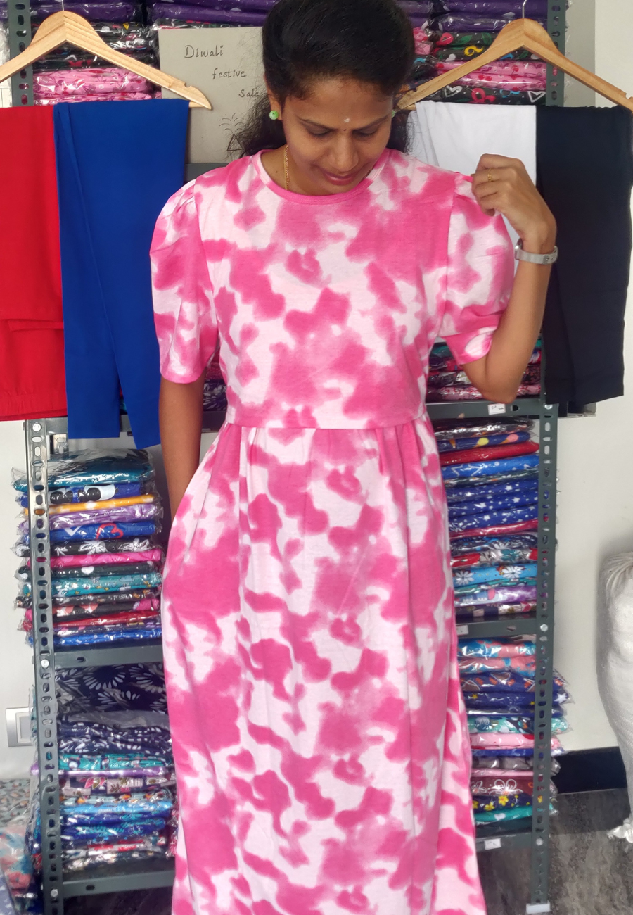 Baby Pink Dye & Die Soft Cotton Zipless Maternity & Feeding Dress | Puff Sleeve