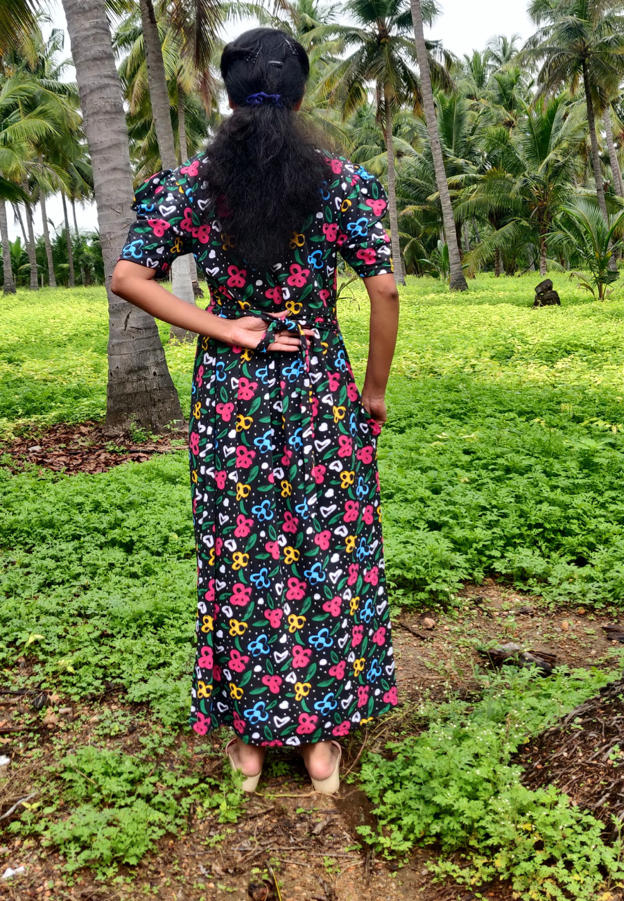 Black Floral Soft Cotton Full Length Women's Maxi Loungewear | V  Neck
