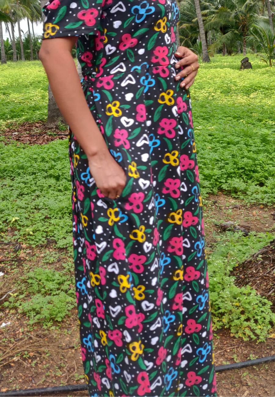 Black Floral Soft Cotton Full Length Women's Maxi Loungewear | V  Neck