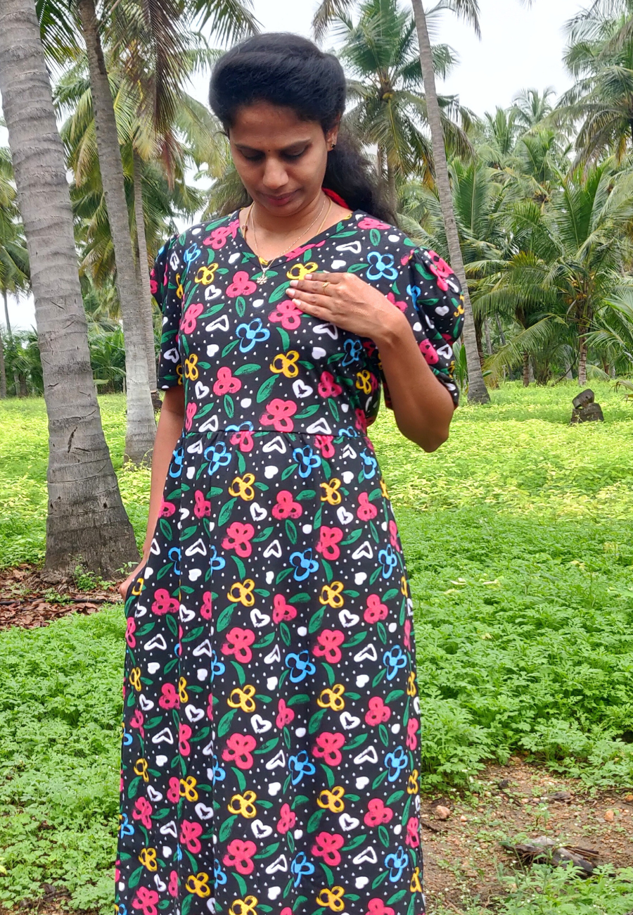 Black Floral Soft Cotton Full Length Women's Maxi Loungewear | V  Neck