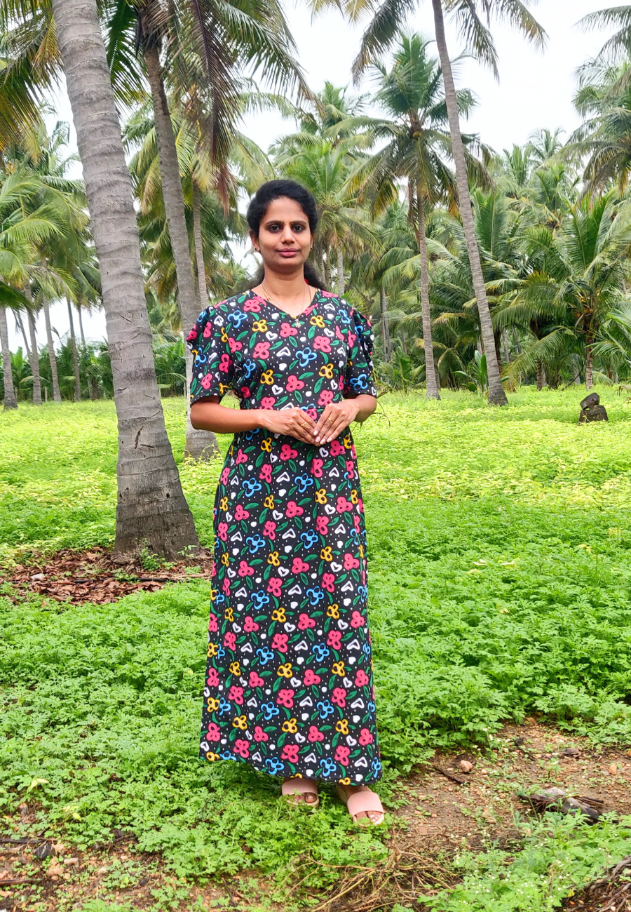 Black Floral Soft Cotton Full Length Women's Maxi Loungewear | V  Neck