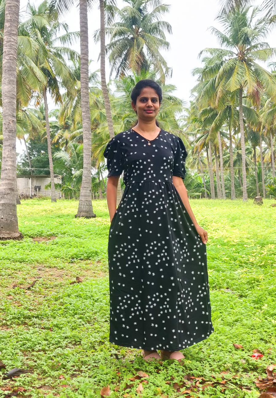 Black Baby Star Soft Cotton Full-Length Women’s Maxi Loungewear | V-Neck