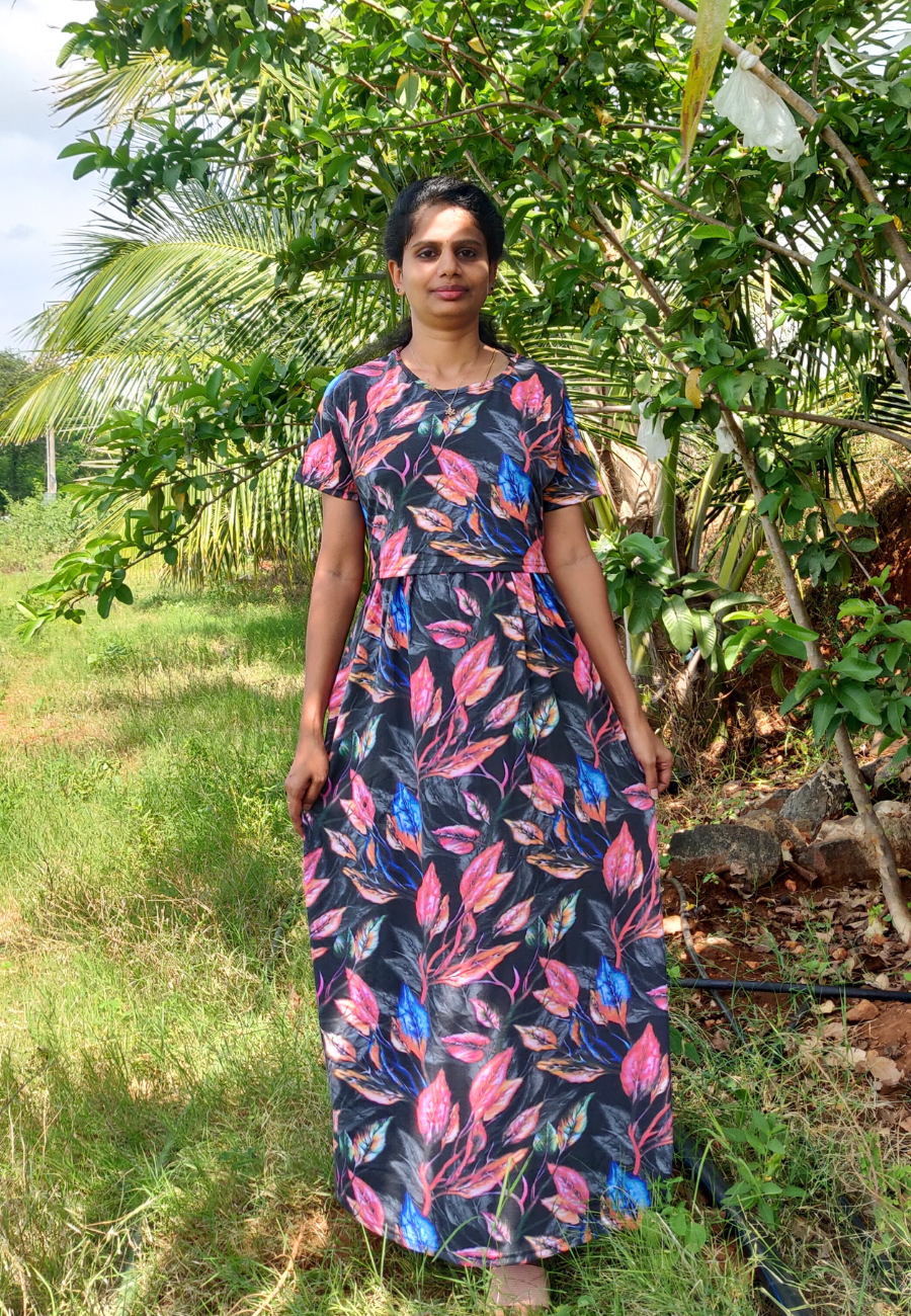 Black Leaf Soft Cotton Zipless Maternity & Feeding Dress | Full Length