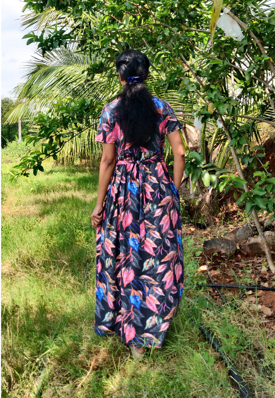 Black Leaf Soft Cotton Zipless Maternity & Feeding Dress | Full Length