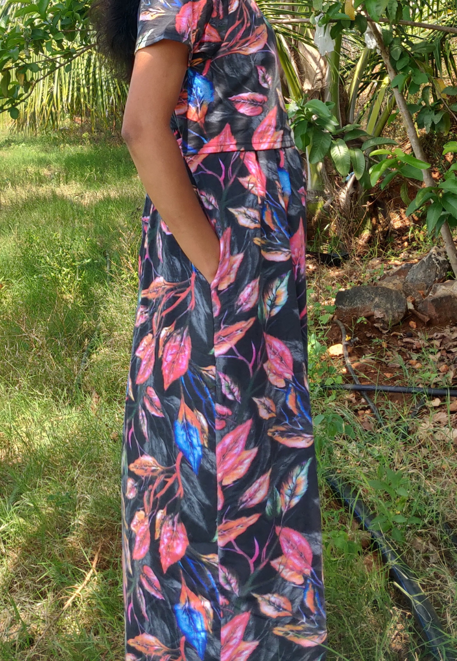 Black Leaf Soft Cotton Zipless Maternity & Feeding Dress | Full Length