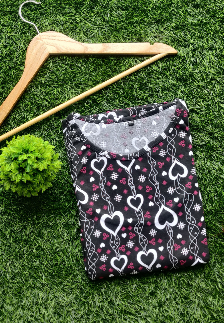 Black Crepe Heart Soft Cotton Zipless Maternity & Feeding Dress | Puff Sleeve