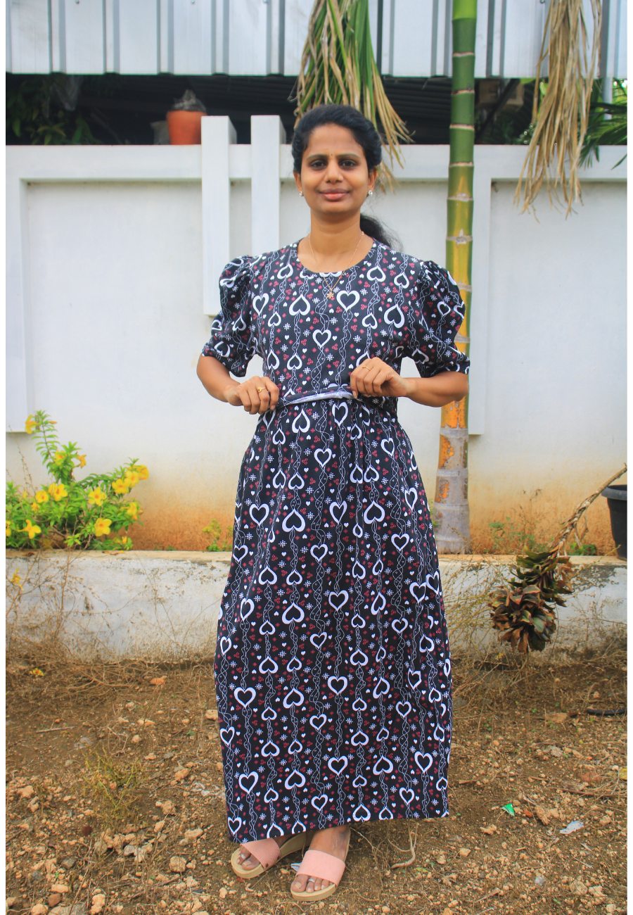 Black Crepe Heart Soft Cotton Zipless Maternity & Feeding Dress | Puff Sleeve