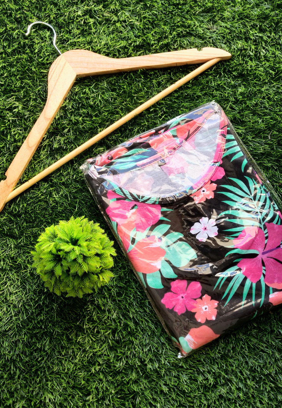 Black Hibis Soft Cotton Zipless Maternity & Feeding Dress | Full Length