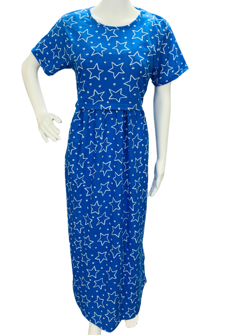Light Blue Star Soft Cotton Zipless Maternity & Feeding Dress | Full Length