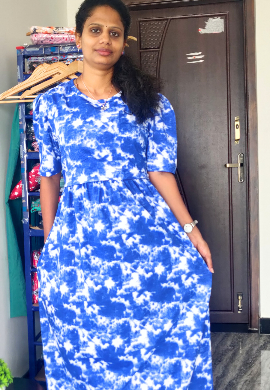 Blue Dye & Die Soft Cotton Zipless Maternity & Feeding Dress | Full Length