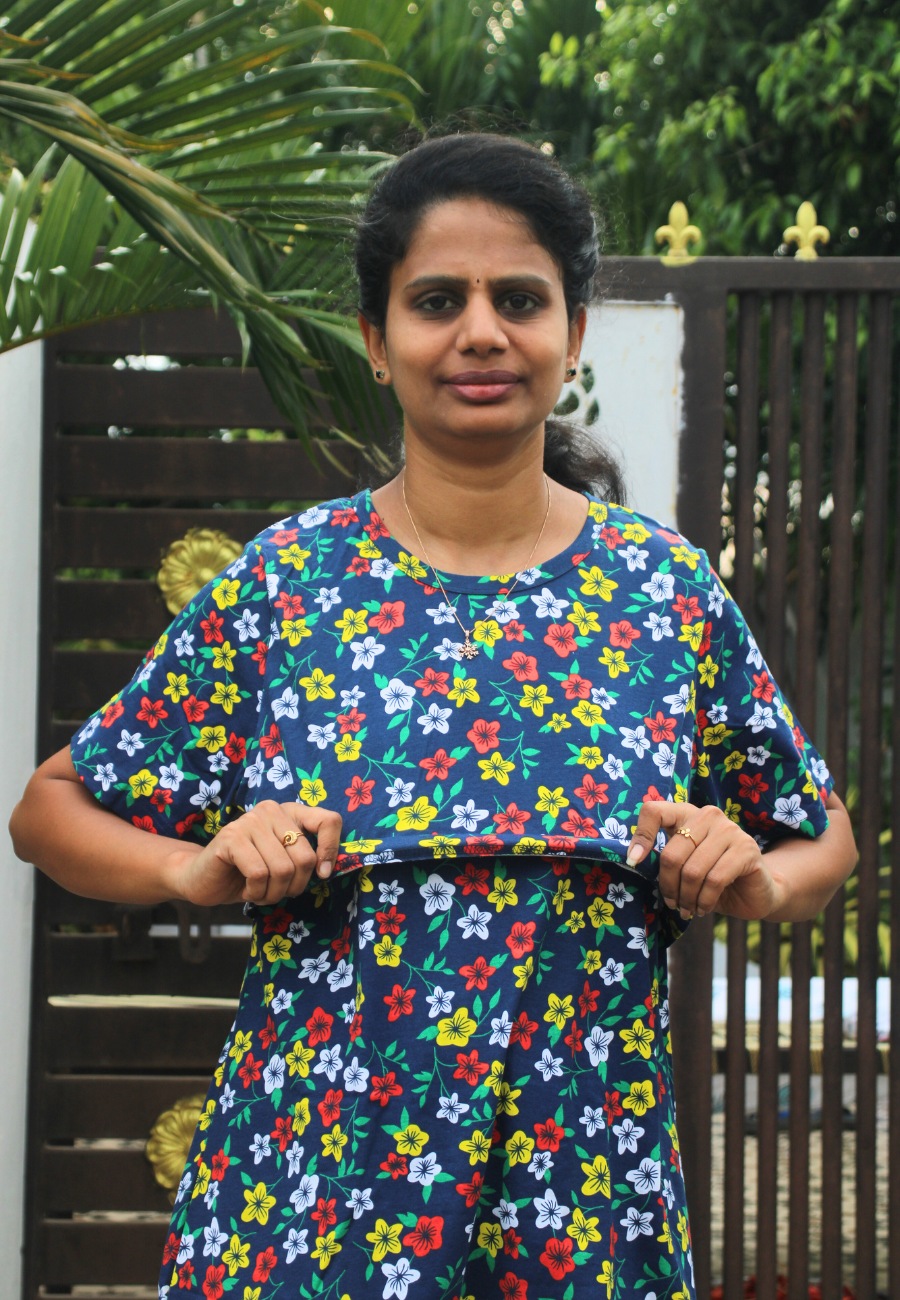 Blue flower Pure Cotton Zipless Feeding Pant Set
