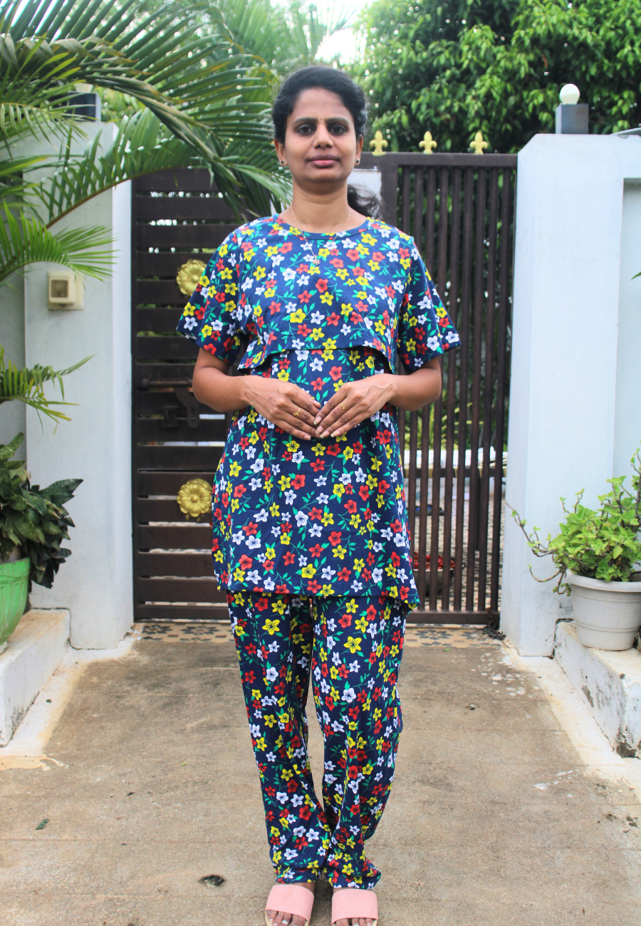 Blue flower Pure Cotton Zipless Feeding Pant Set