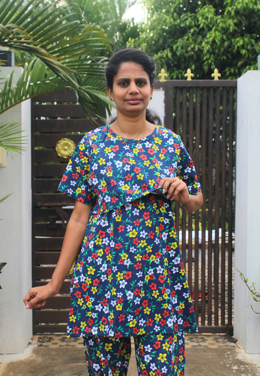 Blue flower Pure Cotton Zipless Feeding Pant Set