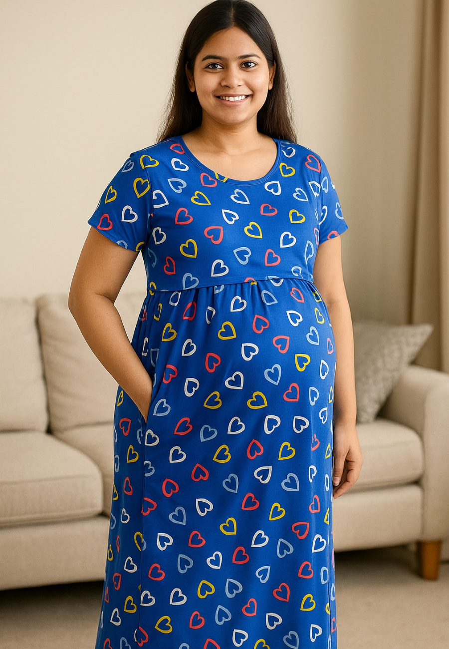Blue Heart Soft Cotton Zipless Maternity & Feeding Dress | Full Length