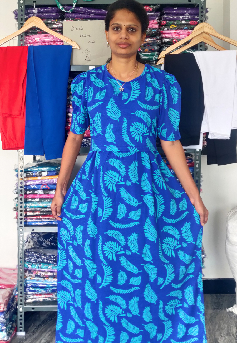 Blue Leaf Soft Cotton Zipless Maternity & Feeding Dress | Full Length