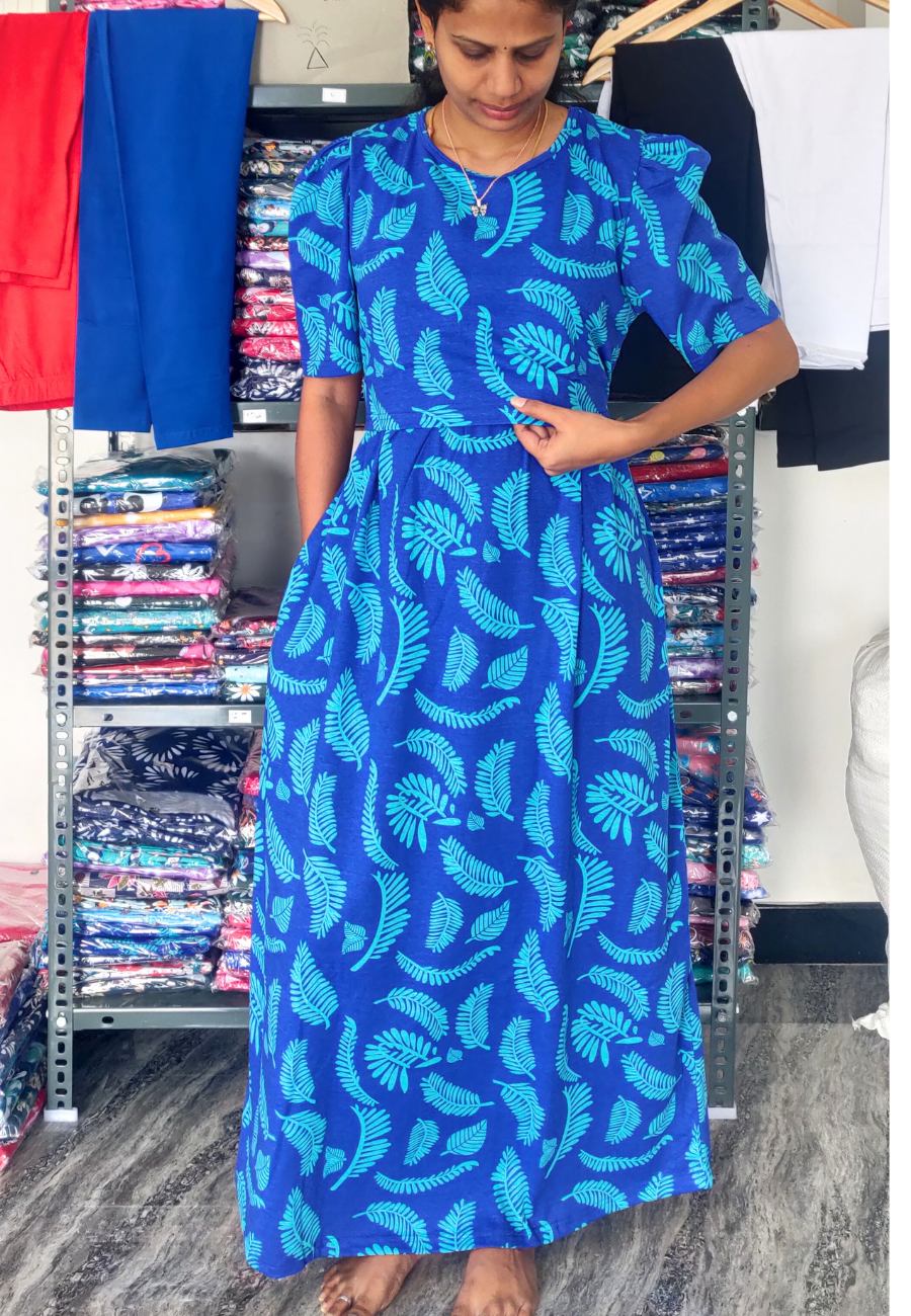 Blue String Leaf Soft Cotton Zipless Maternity & Feeding Dress | Puff Sleeve