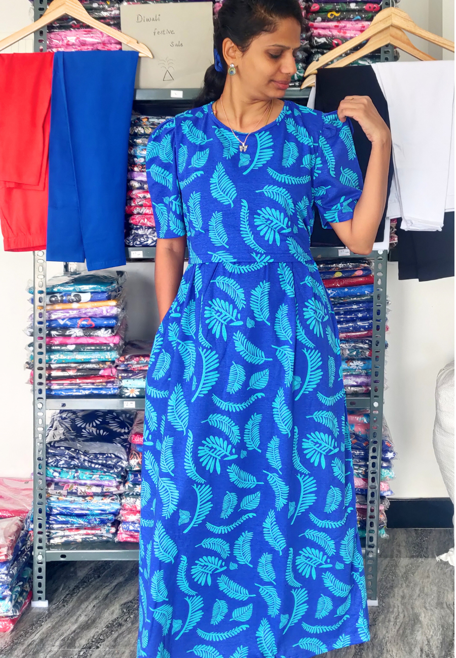 Blue String Leaf Soft Cotton Zipless Maternity & Feeding Dress | Puff Sleeve