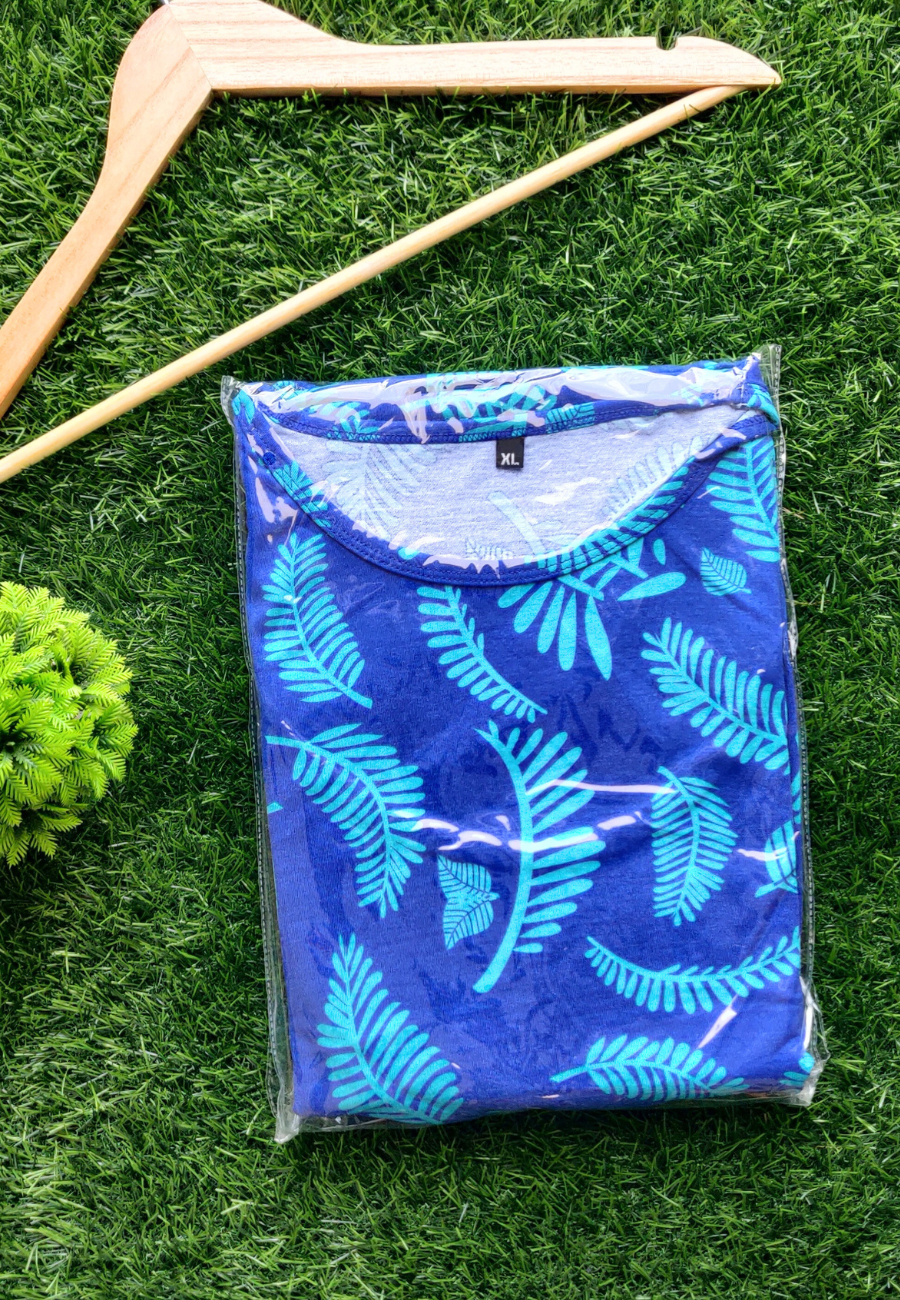Blue String Leaf Soft Cotton Zipless Maternity & Feeding Dress | Puff Sleeve