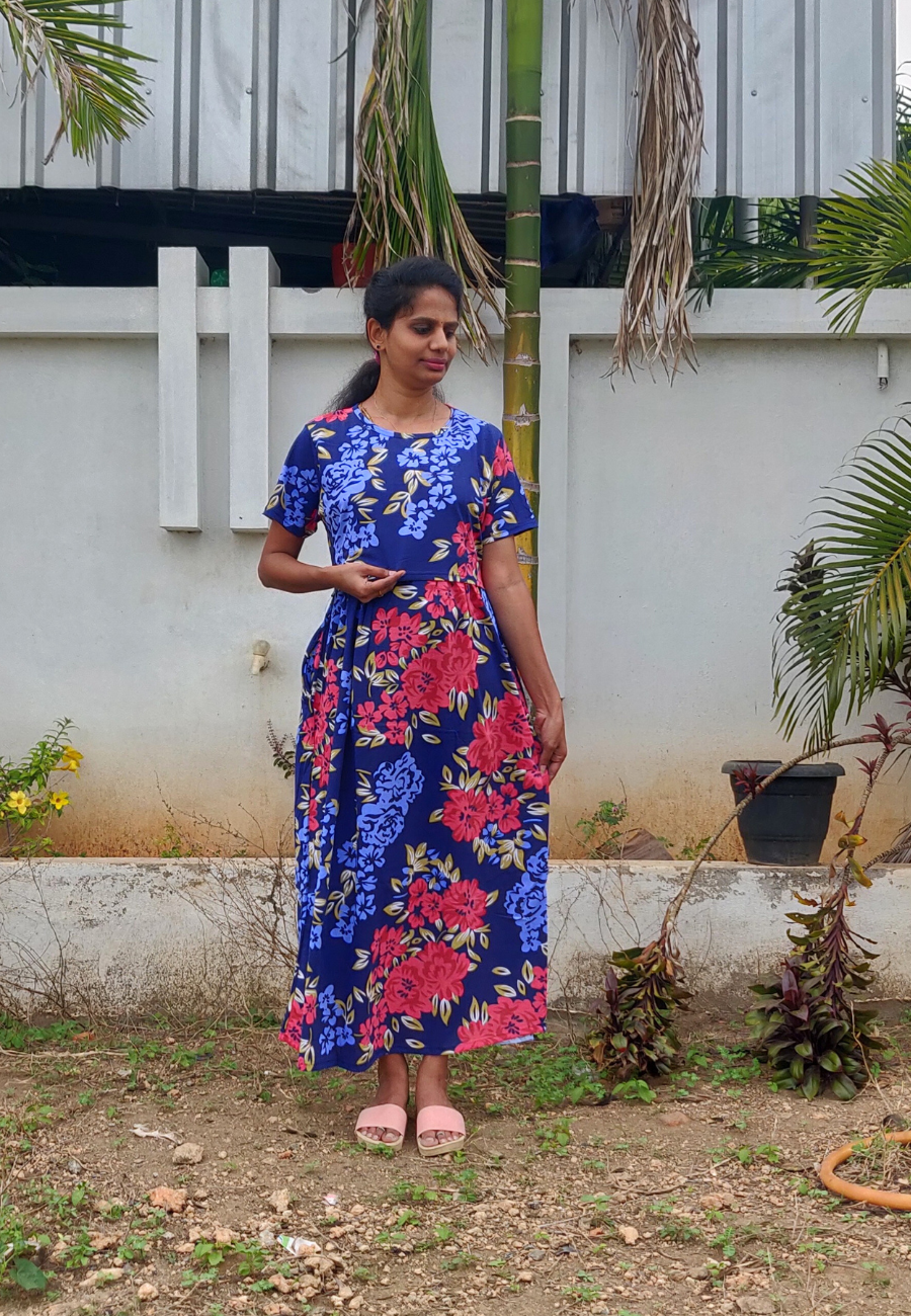 Blue Rose Soft Cotton Zipless Maternity & Feeding Dress | Full Length