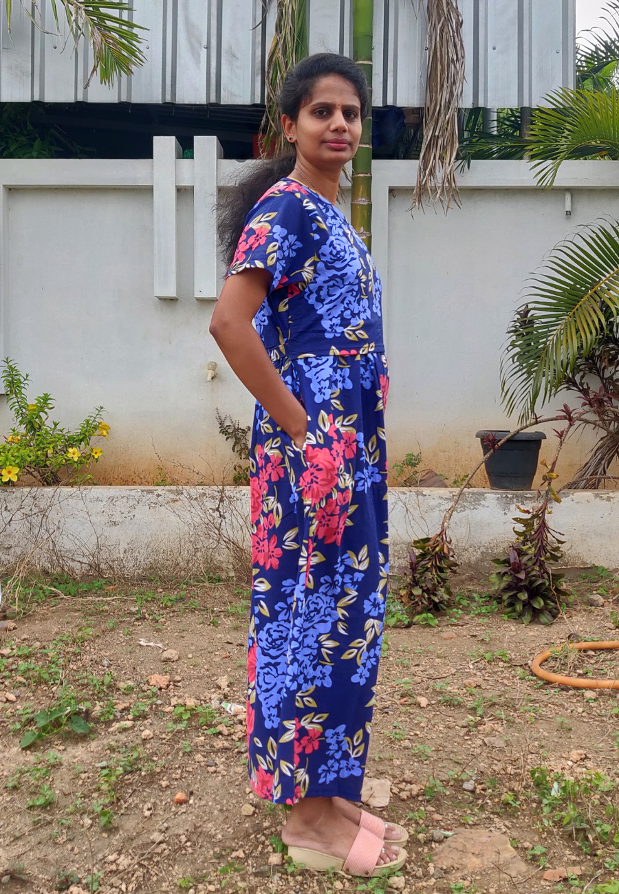 Blue Rose Soft Cotton Zipless Maternity & Feeding Dress | Full Length