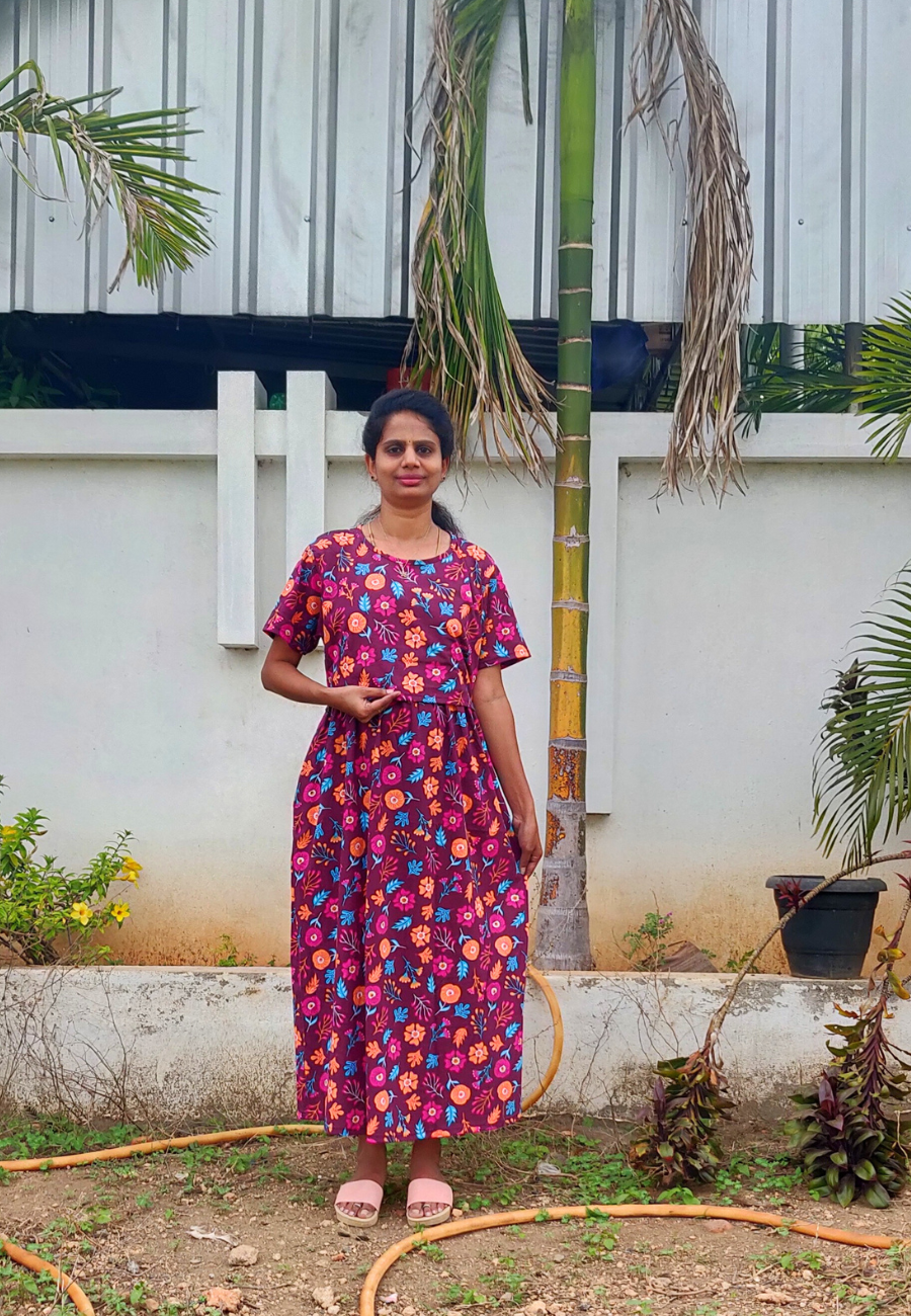 Brown Floral Soft Cotton Zipless Maternity & Feeding Dress | Full Length