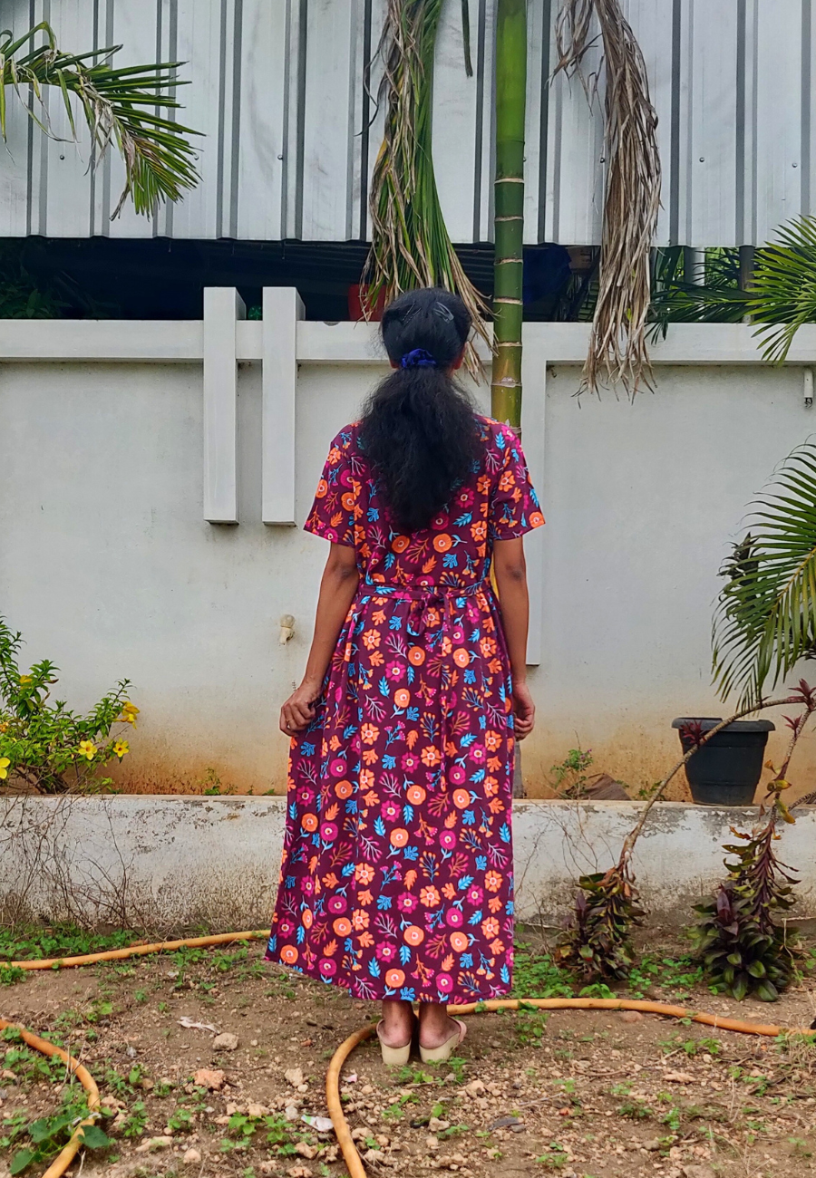 Brown Floral Soft Cotton Zipless Maternity & Feeding Dress | Full Length