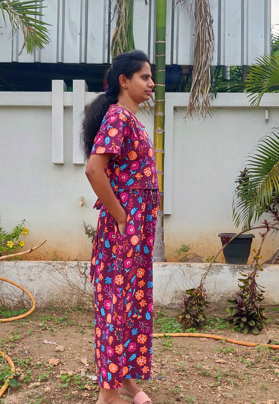Brown Floral Soft Cotton Zipless Maternity & Feeding Dress | Full Length