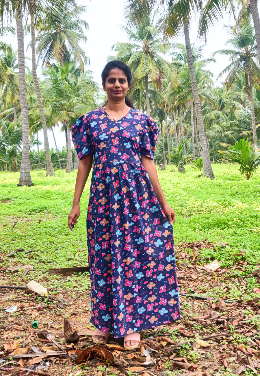 Colorful Flies Soft Cotton Full Length Women's Maxi Loungewear | V  Neck