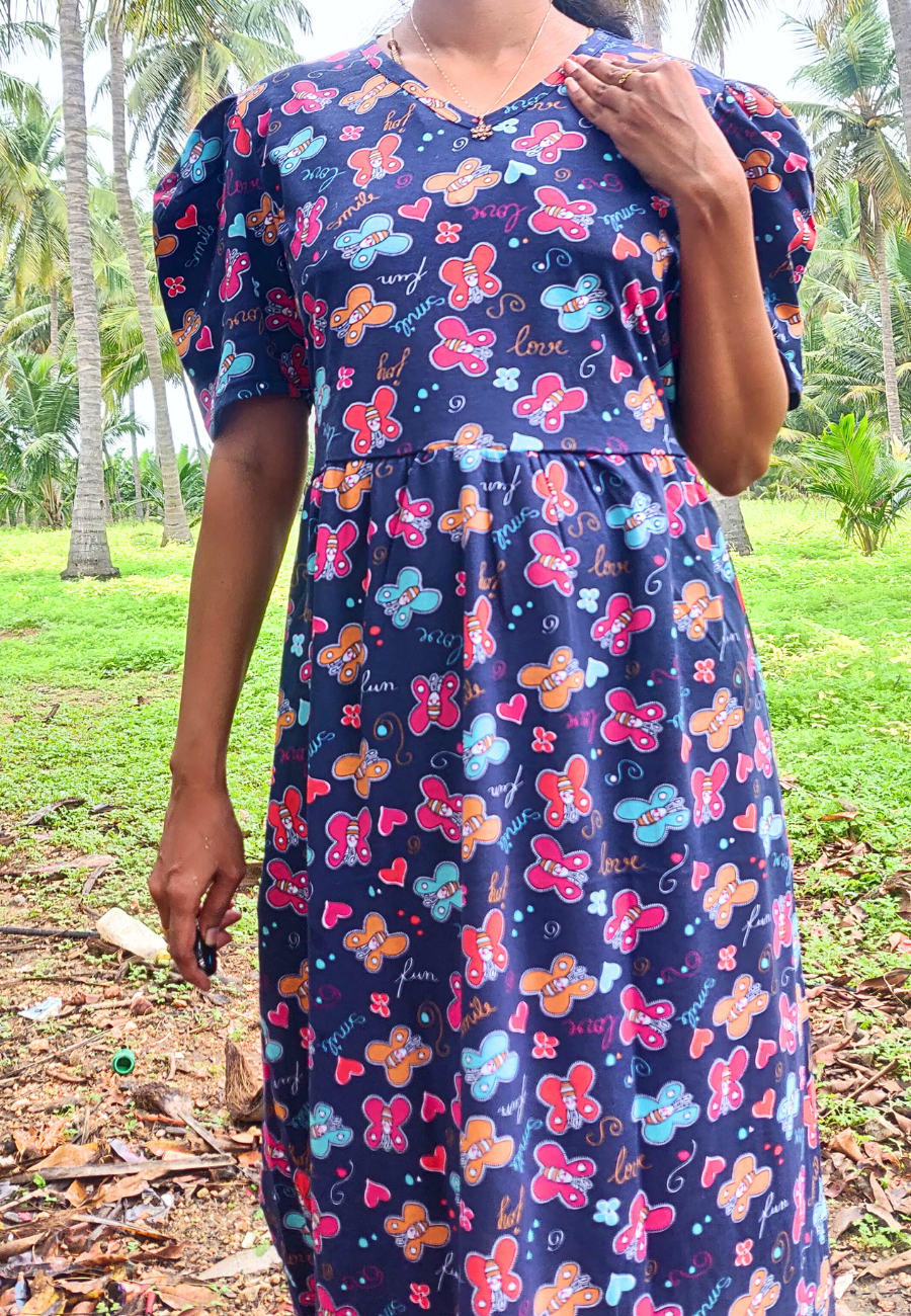 Colorful Flies Soft Cotton Full Length Women's Maxi Loungewear | V  Neck
