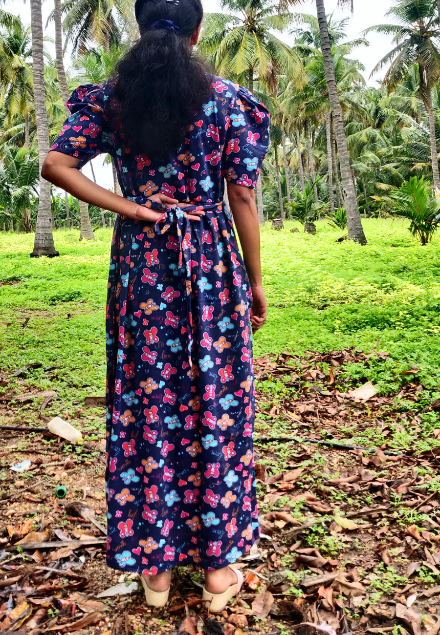 Colorful Flies Soft Cotton Full Length Women's Maxi Loungewear | V  Neck