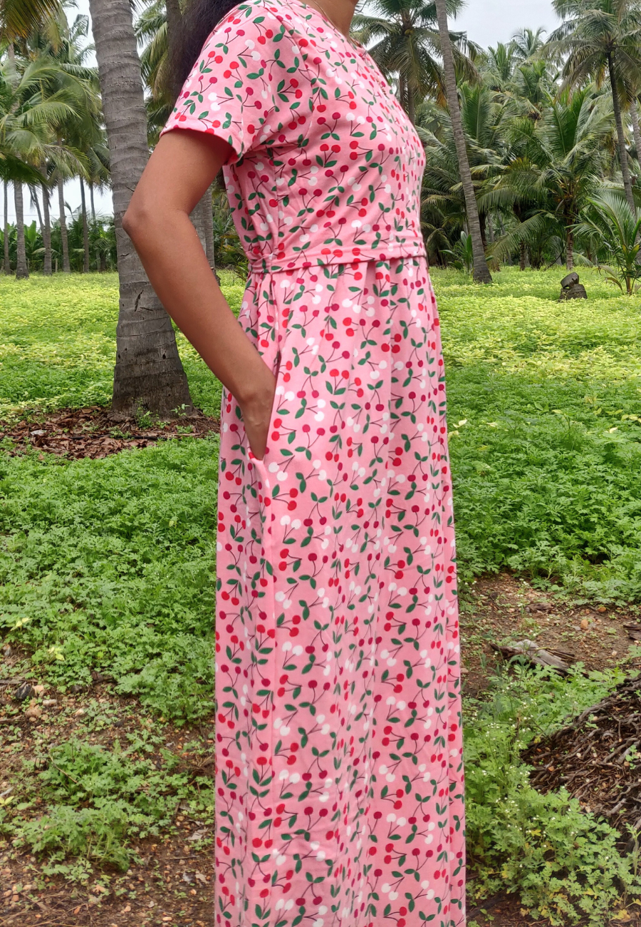 Cherry Red Soft Cotton Zipless Maternity & Feeding Dress | Full Length