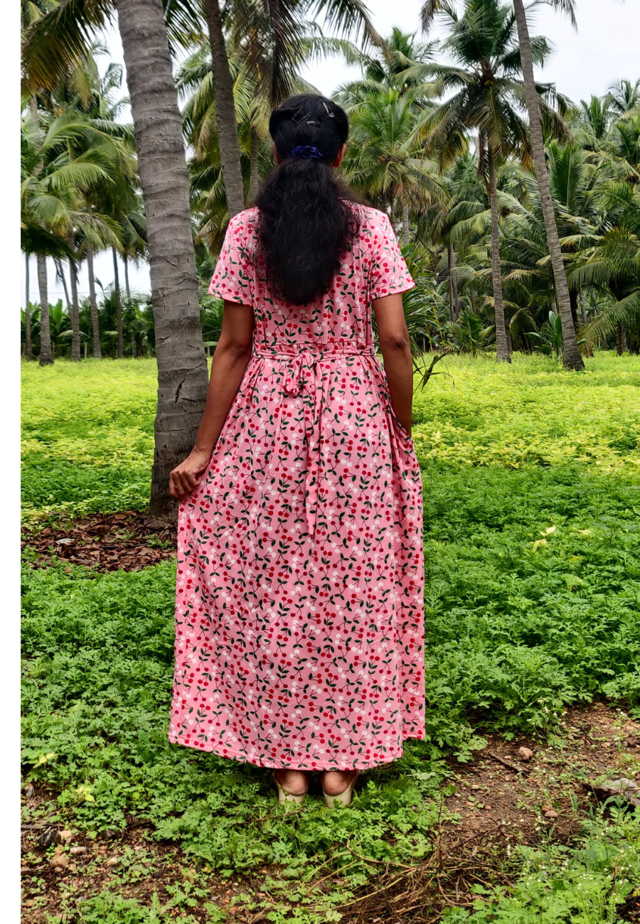 Cherry Red Soft Cotton Zipless Maternity & Feeding Dress | Full Length