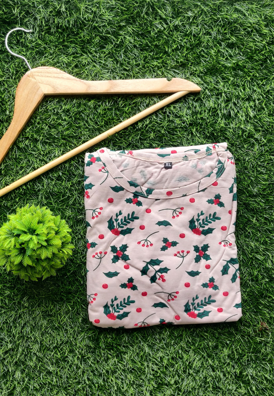 Christmas Leaf Soft Cotton Zipless Maternity & Feeding Dress | Puff Sleeve