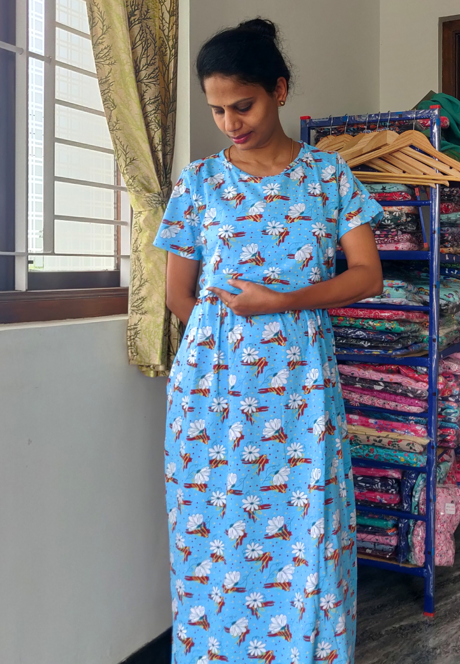 Cotton Flower Soft Cotton Zipless Maternity & Feeding Dress | Full Length