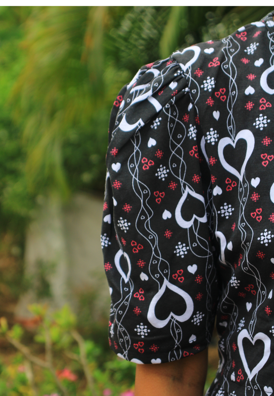 Black Crepe Heart Soft Cotton Zipless Maternity & Feeding Dress | Puff Sleeve