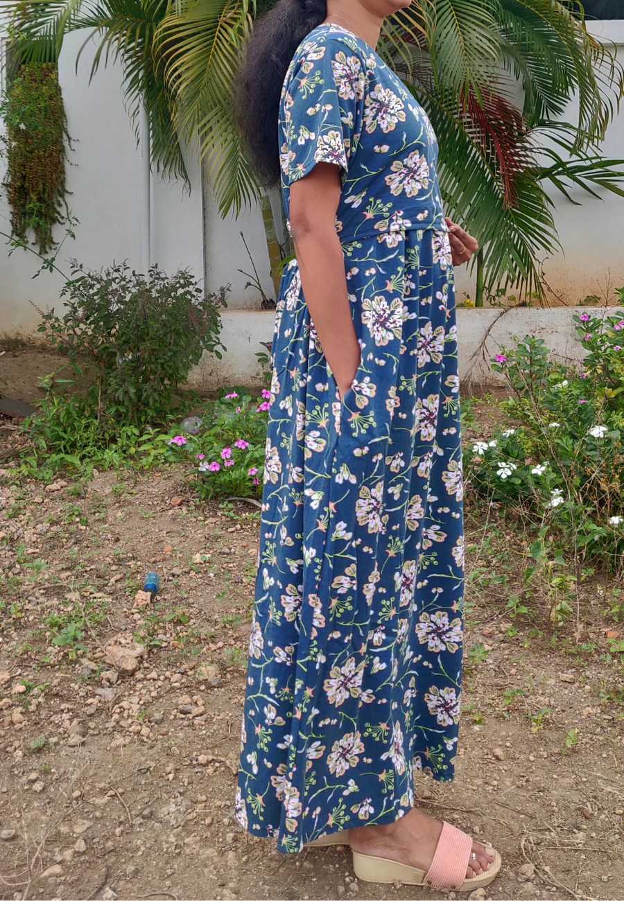 Dark Green Soft Cotton Zipless Maternity & Feeding Dress | Full Length