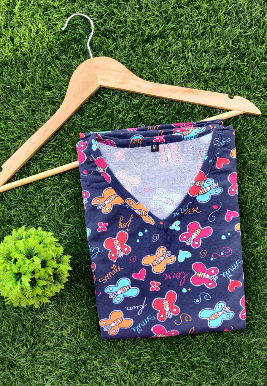 Colorful Flies Soft Cotton Full Length Women's Maxi Loungewear | V  Neck
