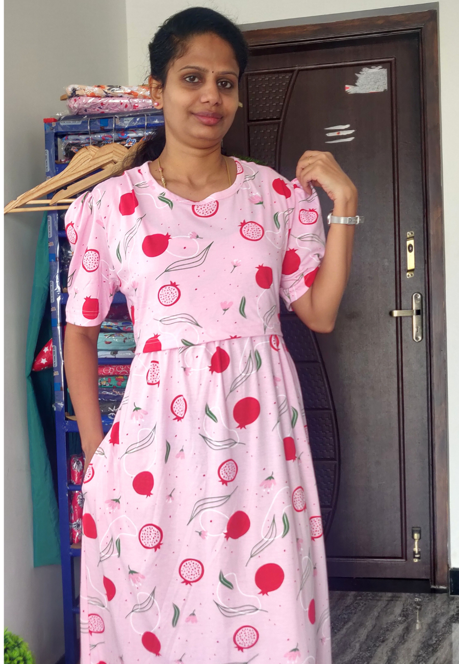 Fruit Pink Soft Cotton Zipless Maternity & Feeding Dress | Puff Sleeve