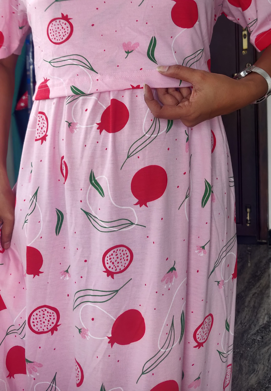 Fruit Pink Soft Cotton Zipless Maternity & Feeding Dress | Puff Sleeve