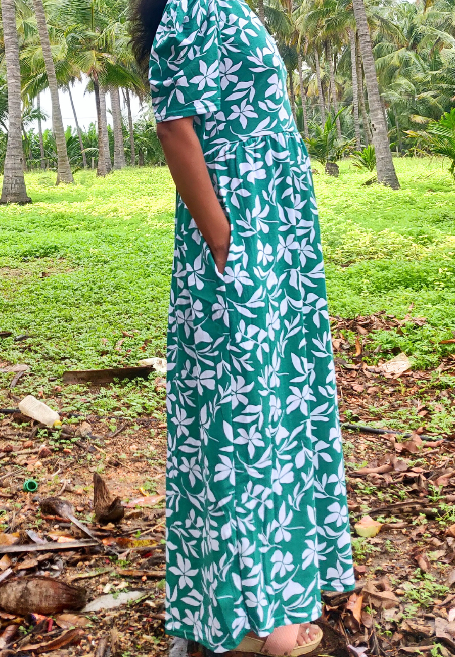 Green Floral – Soft Cotton Full-Length Women’s Maxi Loungewear | V-Neck