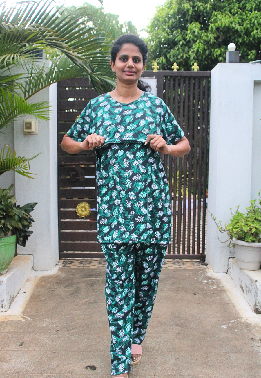Green Leaf Pure Cotton Zipless Feeding Pant Set