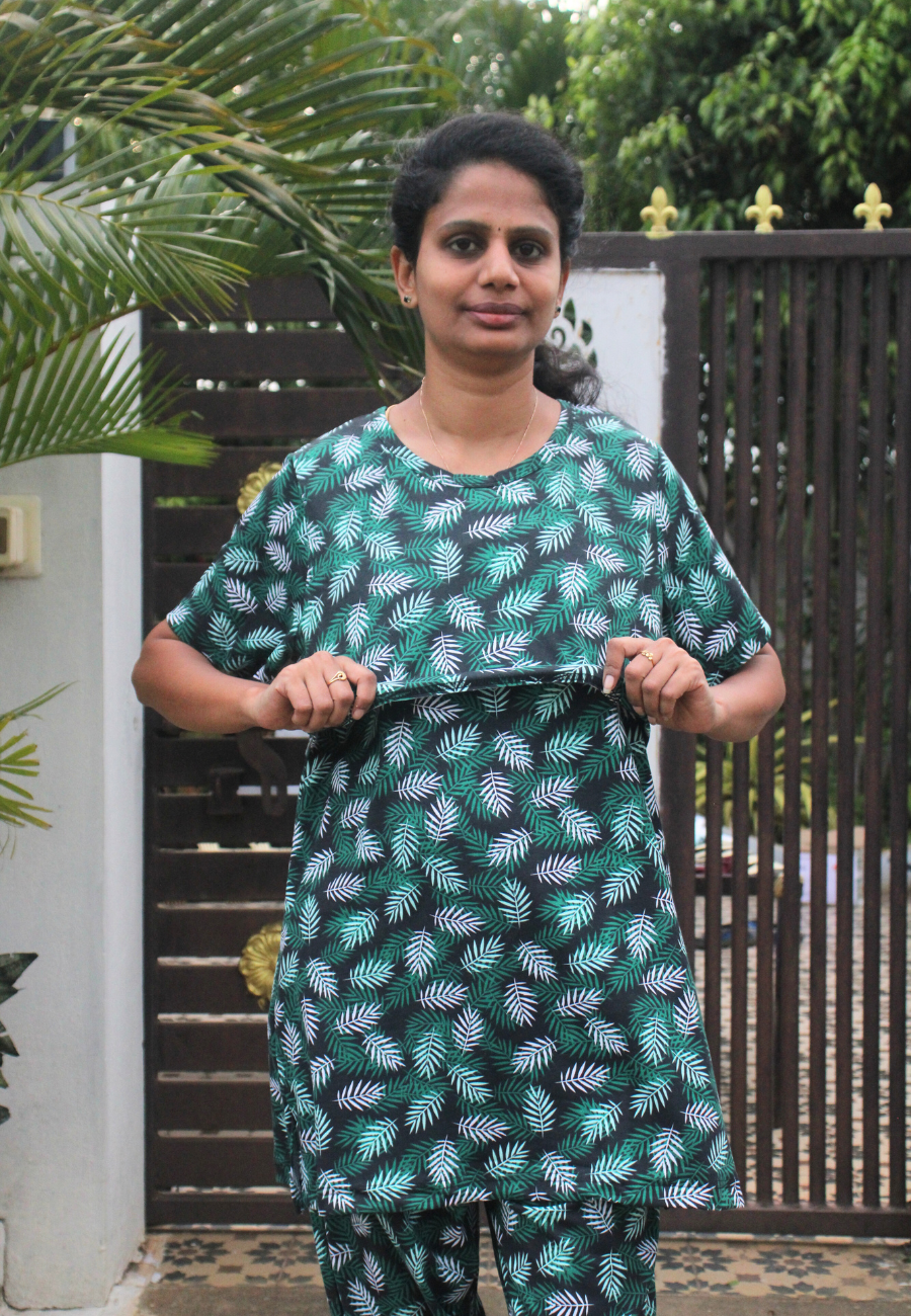 Green Leaf Pure Cotton Zipless Feeding Pant Set