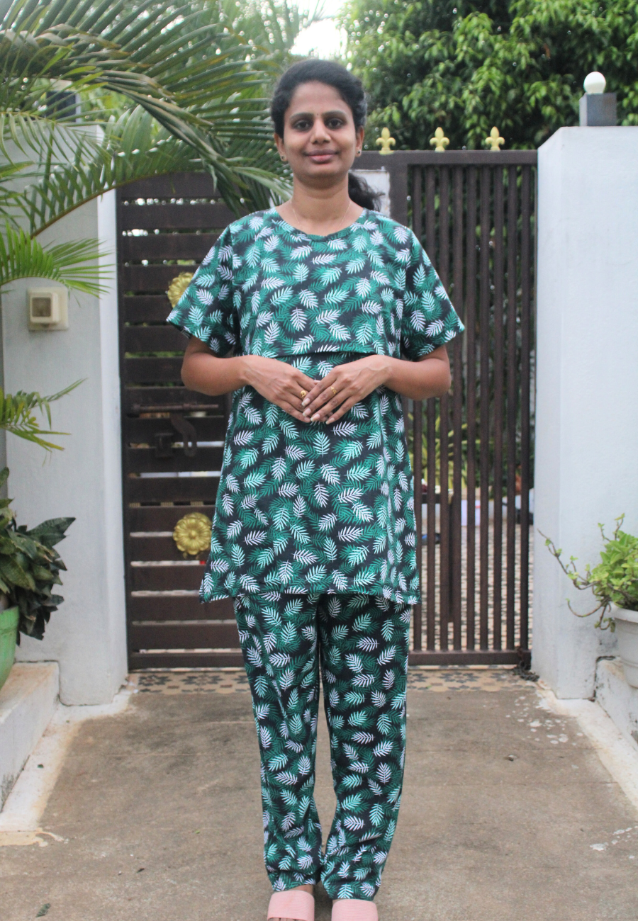 Green Leaf Pure Cotton Zipless Feeding Pant Set