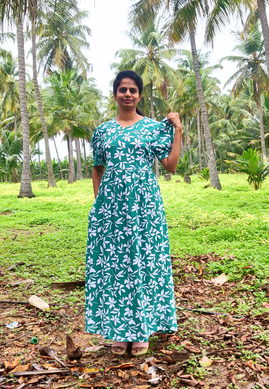 Green Floral – Soft Cotton Full-Length Women’s Maxi Loungewear | V-Neck