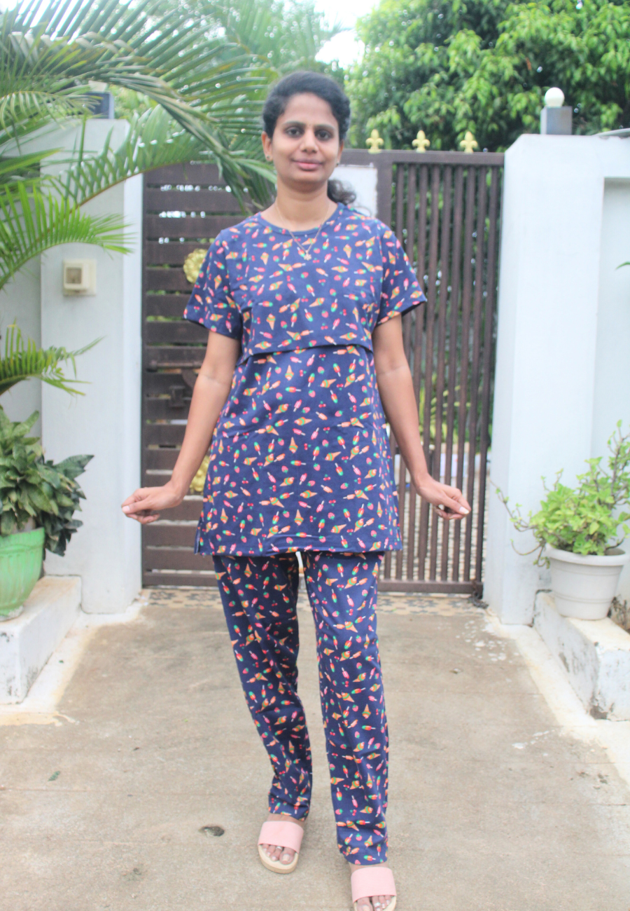 Navy Ice cream Pure Cotton Zipless Feeding Pant Set